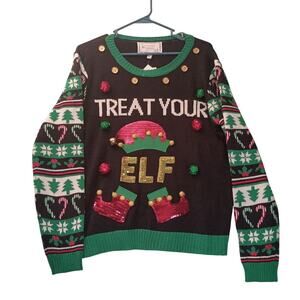 Christmas Sweater "Treat Your Elf" Ugly Sweater Sequins PomPom Bells NWT Size LG